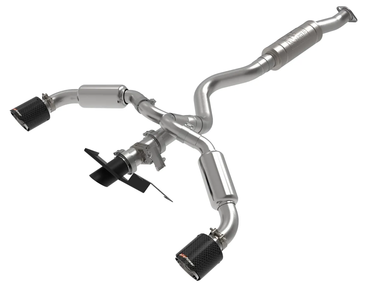(image for) AFE Power Gemini XV 3 IN to 2-1/2 IN 304 Stainless Steel Cat-Back Exhaust System w/ Cut-Out Carbon Fiber